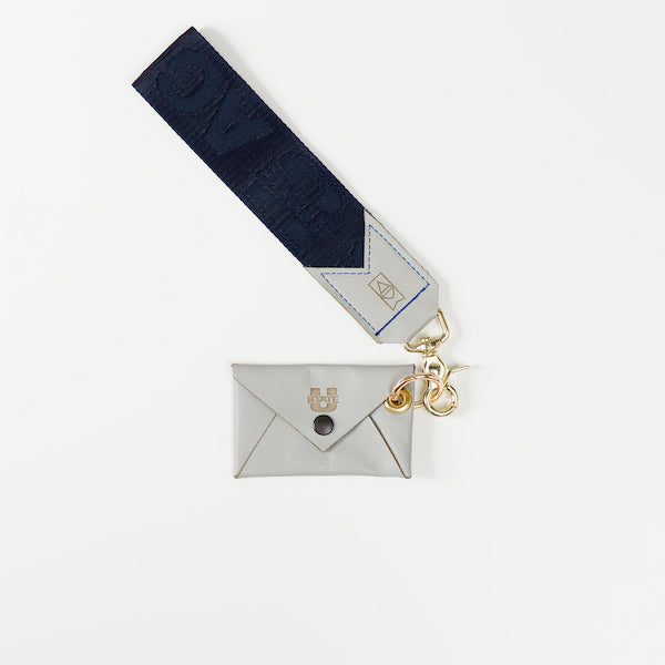 Gray Leather Wristlet Wallet with Navy Strap and Silver Hardware