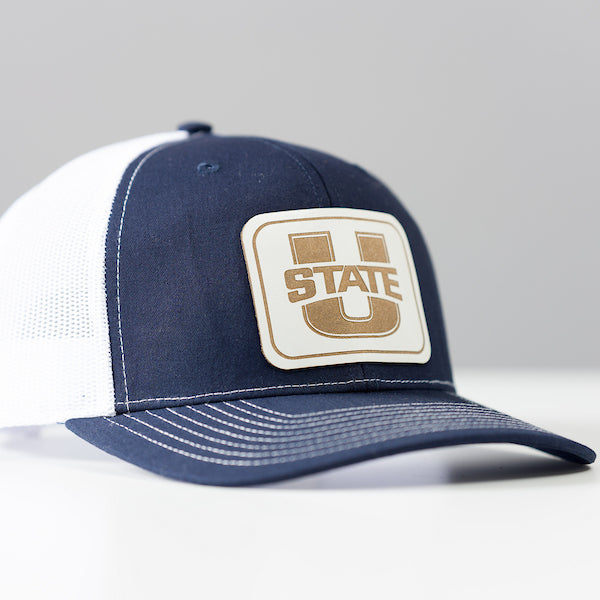 Navy & White Trucker Hat with Leather Patch