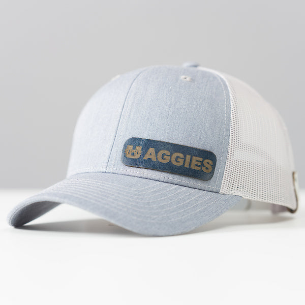 Gray & White Trucker Hat with Leather Patch