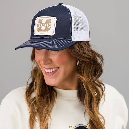 Navy & White Trucker Hat with Leather Patch
