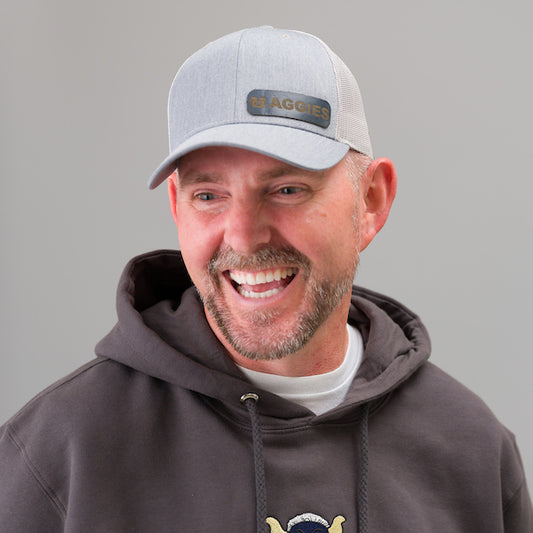 Gray & White Trucker Hat with Leather Patch